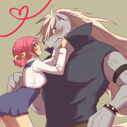 Rule 34 | 10s, 1boy, 1girl, akira (valzerica), bad id, bad pixiv id, blush, clenched teeth, furry, furry male, grey background, hands on another&#039;s cheeks, hands on another&#039;s face, heart, heart of string, hoshizora miyuki, long hair, pink eyes, pink hair, precure, school uniform, short hair, side ponytail, simple background, size difference, smile, smile precure!, teeth, werewolf, white hair, wolfrun