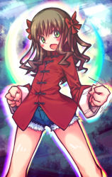 Rule 34 | 00s, 1girl, arima miyako, aura, blush, bow, brown hair, chinese clothes, clenched hands, cowboy shot, cutoffs, denim, denim shorts, flat chest, gradient background, green eyes, hair bow, long hair, melty blood, open mouth, shorts, solo, tangzhuang, tsukihime, zerosonicly