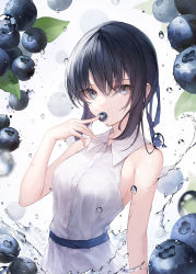 Rule 34 | 1girl, absurdres, armpit crease, bare arms, bare shoulders, belt, black hair, blue eyes, blueberry, breasts, collared dress, crystalherb, dress, expressionless, food, fruit, highres, long hair, looking at viewer, original, sidelocks, sleeveless, sleeveless dress, small breasts, solo, upper body, water, white dress