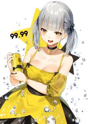 Rule 34 | 1girl, alcohol, bare shoulders, black choker, blunt bangs, breasts, bubble, can, choker, chu-hi, collarbone, commentary, detached sleeves, dress, highres, holding, holding can, looking at viewer, low twintails, medium breasts, original, orihi chihiro, personification, sapporo beer, short hair, silver hair, simple background, solo, star (symbol), twintails, upper body, yellow dress, yellow eyes