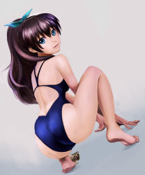 Rule 34 | 1girl, absurdres, animal, ass, back cutout, barefoot, blue eyes, brown hair, clothing cutout, competition swimsuit, dirty, dirty feet, feet, from behind, ganaha hibiki, hair ribbon, highres, idolmaster, idolmaster (classic), legs, long hair, looking at viewer, looking back, one-piece swimsuit, ponytail, ribbon, simple background, soles, solo, squatting, swimsuit, taka (takahirokun), tiptoes, when you see it