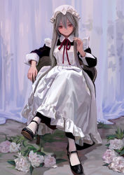Rule 34 | 1girl, apron, artist name, black footwear, chair, closed mouth, crossed legs, dress, dress tug, expressionless, fkey, flower, full body, grey hair, hair between eyes, hat, highres, long hair, long sleeves, looking at viewer, mary janes, mob cap, neck ribbon, original, pantyhose, red eyes, red ribbon, ribbon, shoe soles, shoes, sitting, sleeve cuffs, solo, white apron, white hat, white pantyhose