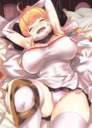 Rule 34 | 1girl, ahoge, anila (granblue fantasy), armpits, arms up, blonde hair, bound, bound wrists, breasts, breasts apart, commentary request, gloves, granblue fantasy, highres, horns, kztk, large breasts, laughing, long hair, open mouth, panties, revision, sheep horns, skindentation, solo, thick eyebrows, thick thighs, thighhighs, thighs, tickling, tickling armpits, tickling arms, tickling breasts, tickling legs, underwear, white gloves, white panties, white thighhighs, wince