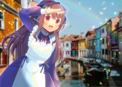 Rule 34 | 1girl, :d, apron, arm up, blue bow, blue sky, blurry, blurry background, bow, brown hair, building, canal, commentary request, commission, day, depth of field, dress, frilled apron, frills, hair between eyes, hair bow, hinata nodoka, indie virtual youtuber, kou hiyoyo, long hair, long sleeves, looking at viewer, open mouth, outdoors, ponytail, puffy long sleeves, puffy sleeves, purple dress, rainbow, red bow, red eyes, skeb commission, sky, smile, solo, very long hair, virtual youtuber, white apron