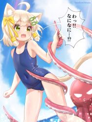 Rule 34 | 1girl, 1other, ahoge, animal ear fluff, animal ears, artist name, bare shoulders, blue one-piece swimsuit, blue sky, bow, cat ears, cat girl, cat tail, commentary request, day, dutch angle, fang, fish hair ornament, flat chest, gluteal fold, green eyes, hair bow, hair ornament, hair tubes, hazakura hinata, heterochromia, highres, ocean, octopus, one-piece swimsuit, original, outdoors, school swimsuit, short hair, skin fang, sky, solo focus, speech bubble, sweatdrop, swimsuit, tail, tareme, tentacles, translation request, white hair, yellow bow, yellow eyes