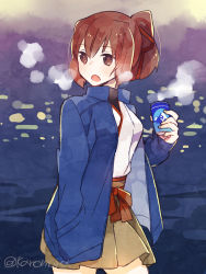 Rule 34 | 10s, 1girl, brown eyes, brown hair, can, canned coffee, cowboy shot, drink, drink can, hakama, hakama short skirt, hakama skirt, hand in pocket, holding, ise (kancolle), jacket, japanese clothes, kantai collection, karomura, looking back, open mouth, ponytail, sketch, skirt, solo, steam, twitter username, water