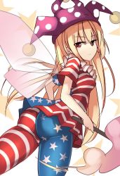 Rule 34 | 1girl, american flag dress, american flag legwear, ass, blonde hair, clownpiece, collar, fairy wings, frilled collar, frilled shirt collar, frills, hat, janne cherry, jester cap, long hair, looking at viewer, looking back, neck ruff, pantyhose, polka dot, red eyes, shirt, short sleeves, solo, star (symbol), striped, torch, touhou, very long hair, wings