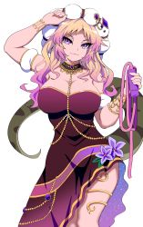Rule 34 | 1girl, african rock python (kemono friends), arm up, bare shoulders, blonde hair, breasts, closed mouth, dress, eyelashes, flower, hand up, hat, head tilt, highres, holding, holding whip, jewelry, kemono friends, large breasts, long hair, looking at viewer, mamiyama, multicolored hair, purple eyes, purple hair, smile, solo, strapless, strapless dress, two-tone hair, weapon, whip