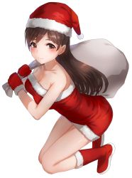 Rule 34 | 10s, 1girl, bare arms, bare legs, bare shoulders, blush, boots, breasts, brown eyes, brown hair, cleavage, collarbone, dress, female focus, gloves, hat, holding, holding sack, idolmaster, idolmaster cinderella girls, kfr, kneeling, knees together feet apart, large breasts, legs, long hair, looking at viewer, neck, nitta minami, red dress, red footwear, red gloves, sack, santa boots, santa costume, santa gloves, santa hat, short dress, simple background, smile, solo, strapless, strapless dress, white background