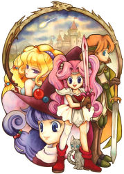 Rule 34 | 4girls, armor, armored dress, beena, blonde hair, blue eyes, boots, brown hair, castle, cat, character request, hat, headband, long hair, low-tied long hair, monster maker, multiple girls, nekobayashi, pink hair, planted, planted sword, planted weapon, pointy ears, purple eyes, purple hair, rufia (monster maker), sara (monster maker), shoes, short hair, single thighhigh, skirt, smile, sword, thighhighs, two side up, veena (monster maker), weapon, white legwear, witch hat