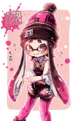 Rule 34 | 1girl, ankle boots, bad id, bad pixiv id, black eyes, black footwear, black hair, black jumpsuit, bobblehat, boots, callie (splatoon), callie (splatoon) (cosplay), cosplay, crossed arms, dated, detached collar, embarrassed, gloves, gradient hair, harutarou (orion 3boshi), hat, highres, inkling, inkling (language), inkling girl, inkling player character, jumpsuit, long hair, looking at viewer, mask, multicolored hair, nintendo, pantyhose, pointy ears, purple hair, purple hat, purple pantyhose, short jumpsuit, solo, standing, strapless, tentacle hair, translation request, wavy mouth, white gloves