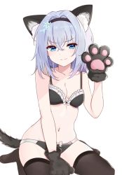 Rule 34 | 1girl, animal ear fluff, animal ears, animal hands, bare arms, bare shoulders, black bra, black panties, black thighhighs, blue eyes, bra, breasts, cat ears, cat girl, cat tail, closed mouth, collarbone, gloves, hairband, hand up, lingerie, looking at viewer, medium hair, navel, no shoes, panties, paw gloves, ryuuou no oshigoto!, shichimiyagin, silver hair, simple background, sitting, small breasts, solo, sora ginko, stomach, tail, thighhighs, underwear, underwear only, v-shaped eyebrows, wariza, white background
