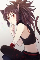 1boy animal_ears armpit_crease armpit_peek belt black_pants blush brown_hair cat_boy cat_ears cat_tail closed_mouth commentary_request crop_top fate/grand_order fate_(series) feet_out_of_frame floral_print_pants from_side frown gradient_background grey_background groin hair_between_eyes hair_ribbon hand_on_own_chin highres hunched_over indian_style lone_nape_hair looking_at_viewer low-cut_armhole male_focus oda_kippoushi_(fate) oda_nobunaga_(fate) pants ponytail red_belt red_eyes red_ribbon ribbon shirt sidelocks sitting sleeveless sleeveless_shirt stomach tail teramoto_kei triangle_print v-shaped_eyebrows wrist_wrap