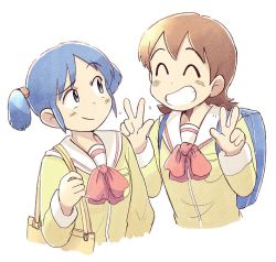 Rule 34 | 2girls, ^ ^, aioi yuuko, backpack, bag, blue eyes, blue hair, blush, brown hair, closed eyes, closed mouth, double v, facing another, grin, looking at another, multiple girls, naganohara mio, nichijou, parted lips, school uniform, short hair, short twintails, smile, teeth, tokisadame school uniform, tsubobot, twintails, v