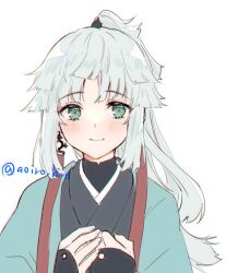 Rule 34 | 1girl, aoiro hiro, aqua eyes, earrings, fate/samurai remnant, fate (series), grey kimono, haori, japanese clothes, jewelry, kimono, long hair, looking at viewer, own hands together, ponytail, simple background, smile, solo, twitter username, upper body, white background, white hair, yui shousetsu (fate)