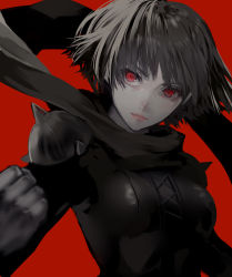Rule 34 | 10s, 1girl, biker clothes, bodysuit, clenched hand, closed mouth, commentary request, floating hair, gloves, greyscale, hand up, lips, looking at viewer, monochrome, niijima makoto, no mask, persona, persona 5, red background, red eyes, scarf, short hair, shoulder spikes, simple background, solo, spikes, spot color, starry babe, upper body