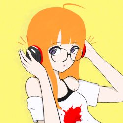 Rule 34 | 1girl, ahoge, arms up, bare shoulders, behind-the-head headphones, black tank top, black undershirt, blunt bangs, flat color, glasses, hands up, headphones, highres, hime cut, leaning back, long hair, looking at viewer, looking to the side, off-shoulder shirt, off shoulder, open mouth, orange hair, persona, persona 5, purple eyes, sakura futaba, shirt, short sleeves, simple background, solo, t-shirt, tank top, user hpfz3454, v arms, white shirt, yellow background
