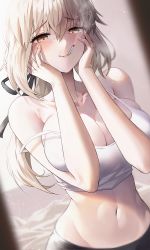Rule 34 | 1girl, alternate breast size, artoria pendragon (all), artoria pendragon (fate), bare shoulders, black ribbon, blonde hair, blush, breasts, cigarette, cleavage, crop top, fate/grand order, fate (series), hair between eyes, hair ribbon, hands on own cheeks, hands on own face, highres, large breasts, navel, ribbon, saber alter, smoke, smoking, solo, stomach, strap slip, suou-sensei, tank top, white tank top, yellow eyes