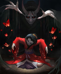 Rule 34 | 1girl, black hair, black nails, black sclera, bug, butterfly, buttons, claws, colored sclera, doll joints, fingernails, glowing, grin, head tilt, highres, horns, identity v, insect, japanese clothes, joints, kei1115, kimono, michiko (identity v), nail polish, pale skin, puppet, puppet strings, red eyes, sharp fingernails, sitting, smile, teeth, wide sleeves, wooden floor