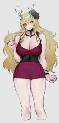 Rule 34 | 1girl, bare shoulders, barghest (fate), black hat, blonde hair, blue eyes, breasts, camisole, cleavage, collarbone, corset, denim, earrings, fangs, fate/grand order, fate (series), hat, heterochromia, highres, horns, jewelry, large breasts, long hair, looking at viewer, pants, red camisole, red eyes, smile, solo, tan (inka), thighs, underbust