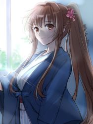Rule 34 | 10s, 1girl, alternate costume, blue kimono, blush, brown eyes, brown hair, flower, hair flower, hair intakes, hair ornament, indoors, japanese clothes, kantai collection, kimono, long hair, looking at viewer, morning, ponytail, primary stage, sketch, smile, solo, sunlight, twitter username, wide sleeves, window, yamato (kancolle)