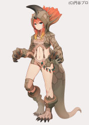 Rule 34 | 1girl, aguila, animal hands, aqua eyes, blonde hair, boots, claws, closed mouth, clothing cutout, eyebrows, fangs, frown, full body, gloves, gradient hair, grey background, hair tie, highres, hood, horns, knee pads, long hair, looking at viewer, multicolored hair, navel, navel cutout, orange hair, paw gloves, paw shoes, personification, shoes, simple background, single horn, solo, standing, stomach, tomioka jirou, two-tone hair, ultra kaijuu gijinka keikaku, ultra series