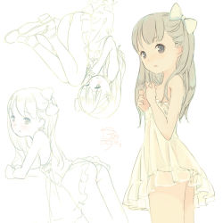 Rule 34 | 1girl, ankle strap, artist name, ass, bad id, bad tumblr id, bow, brown hair, closed mouth, dated, dress, frilled dress, frills, from side, grey background, hair bow, hands up, highres, kokudou juunigou, long hair, looking at viewer, mary janes, multiple views, original, panties, petite, purple eyes, see-through silhouette, shoes, short dress, signature, simple background, tareme, thighs, underwear, white bow, white dress