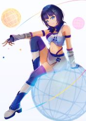 Rule 34 | 1girl, arm strap, asaka karin, blue eyes, blue gloves, blue hair, blue thighhighs, boots, closed mouth, crop top, detached sleeves, diverdiva, fingerless gloves, gloves, hair ornament, highres, jewelry, love live!, love live! nijigasaki high school idol club, macken, midriff, miniskirt, navel, necklace, short hair, sitting, skirt, smile, solo, star (symbol), star necklace, stomach, thighhighs, white background, white footwear, white skirt, white sleeves, zettai ryouiki