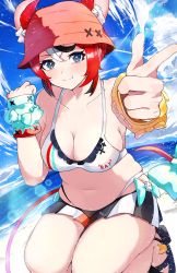Rule 34 | 1girl, adapted costume, animal ears, bikini, bikini skirt, black hair, blue bow, blue eyes, bow, breasts, bsknekoyt, bucket hat, cleavage, clenched hand, collarbone, dice, fang, finger gun, hakos baelz, hat, highres, hololive, hololive english, looking at viewer, medium breasts, mouse ears, mouse girl, mouse tail, multicolored hair, ocean, pink hat, plump, red hair, sky, smile, solo, squatting, swimsuit, tail, tail bow, tail ornament, virtual youtuber, water, white bikini, white hair