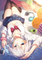 Rule 34 | 1girl, :o, arm up, bed, blue eyes, blue skirt, bow, bowtie, breasts, brown thighhighs, cable, collarbone, collared shirt, commentary request, curtains, day, digital media player, dress shirt, hair between eyes, hair ornament, hairclip, hand up, headphones, headphones removed, highres, indoors, ipod, knees up, light particles, long sleeves, looking at viewer, lying, medium breasts, midriff, miniskirt, moe2019, navel, no shoes, on back, on bed, original, parted lips, partially unbuttoned, pillow, plaid, plaid skirt, pleated skirt, polka dot, red bow, red bowtie, school uniform, scrunchie, shirt, short hair, sidelocks, silver hair, skirt, solo, striped bow, striped bowtie, striped clothes, striped neckwear, stuffed toy, sunlight, thighhighs, thighs, toosaka asagi, upside-down, white shirt, window, wrist scrunchie