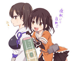 Rule 34 | &gt;:d, 10s, 2girls, :d, black hair, blush, brown eyes, brown hair, elbow gloves, from side, gloves, hand on another&#039;s shoulder, ica, japanese clothes, kaga (kancolle), kantai collection, lowres, multiple girls, muneate, open mouth, orange serafuku, personification, school uniform, sendai (kancolle), serafuku, short hair, side ponytail, simple background, skirt, smile, tasuki, translation request, v-shaped eyebrows, white background