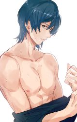 Rule 34 | 1boy, abs, blue eyes, blue hair, byleth (fire emblem), byleth (male) (fire emblem), collarbone, fire emblem, fire emblem: three houses, highres, male focus, nagoyama, nintendo, nipples, removing shirt, short hair, simple background, topless male, upper body, white background