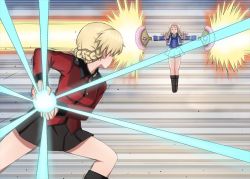 Rule 34 | 10s, 2girls, :o, bc freedom (emblem), bc freedom military uniform, black footwear, black skirt, blonde hair, blue jacket, blue vest, boots, braid, closed eyes, commentary request, darjeeling (girls und panzer), dress shirt, drill hair, dual wielding, emblem, emphasis lines, energy ball, energy beam, epaulettes, floating, folding fan, from behind, girls und panzer, hand fan, high collar, holding, jacket, kamehameha (dragon ball), knee boots, long hair, long sleeves, looking at another, marie (girls und panzer), military, military uniform, miniskirt, motion lines, multiple girls, omachi (slabco), open mouth, outstretched arms, pleated skirt, red jacket, shirt, short hair, skirt, spread arms, st. gloriana&#039;s military uniform, standing, twin braids, uniform, vest, white shirt, white skirt