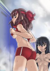 Rule 34 | 10s, 2girls, :&lt;, ass, black hair, blush, breast awe, breast envy, breasts, brown eyes, brown hair, butt crack, chestnut mouth, closed mouth, clothes lift, covering privates, covering breasts, flat chest, from side, girls und panzer, gym shorts, headband, kondou taeko, locker, long hair, looking at another, looking at viewer, medium breasts, multiple girls, nose blush, profile, reizei mako, shirt, shirt lift, shorts, sideways mouth, sleeveless, sleeveless shirt, solmoniq, sportswear, sweat, topless, underboob, volleyball uniform