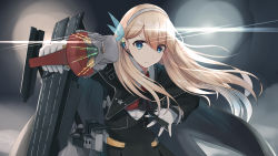 Rule 34 | 1girl, arm up, black coat, blonde hair, blue eyes, capelet, closed mouth, coat, deck, earpiece, enuni, fighting stance, flashing, floating hair, gloves, hair between eyes, hair ornament, hairband, highres, holding, holding weapon, lexington (cv-16) (warship girls r), light rays, long hair, looking at viewer, machinery, necktie, open hand, red necktie, shirt, simple background, solo, upper body, warship girls r, weapon, white gloves, white shirt