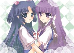 Rule 34 | 00s, 2girls, bad id, bad pixiv id, blue eyes, blue hair, clannad, fujibayashi kyou, hair bobbles, hair ornament, ichinose kotomi, long hair, multiple girls, purple eyes, purple hair, sakasaka, school uniform, symmetry, twintails, two side up