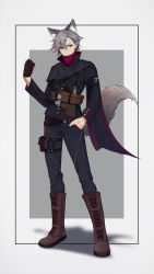 Rule 34 | 1boy, absurdres, akinaz, animal ear fluff, animal ears, body markings, boots, brown eyes, cape, chinese commentary, commentary request, fingerless gloves, fox boy, fox ears, fox tail, full body, gloves, hand in pocket, highres, male focus, original, shawl, silver hair, simple background, single glove, solo, tail