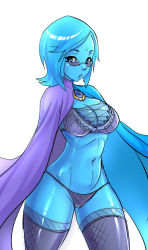 Rule 34 | 1girl, alternate breast size, bespectacled, black bra, black panties, black thighhighs, blue eyes, blue hair, blue skin, bra, breasts, brooch, cape, cleavage, colored skin, facial mark, female focus, fi (zelda), fishnets, forehead mark, gem, glasses, highres, jewelry, large breasts, maniacpaint, matching hair/eyes, navel, nintendo, no arms, out of character, panties, see-through, shiny skin, short hair, simple background, solo, stomach, sunglasses, the legend of zelda, the legend of zelda: skyward sword, thighhighs, thong, underwear, underwear only, white background