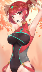 Rule 34 | 1girl, absurdres, bad id, bad pixiv id, black one-piece swimsuit, breasts, chest jewel, competition swimsuit, covered collarbone, gem, headpiece, highres, kiiro kimi, large breasts, one-piece swimsuit, ponytail, pyra (pro swimmer) (xenoblade), pyra (xenoblade), red hair, red one-piece swimsuit, swept bangs, swimsuit, tiara, two-tone swimsuit, tying hair, xenoblade chronicles (series), xenoblade chronicles 2