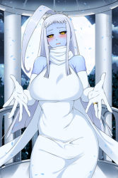 Rule 34 | 1girl, ahoge, bare shoulders, black sclera, blue skin, blush, breasts, colored sclera, colored skin, commentary, dress, elbow gloves, english commentary, full moon, gazebo, gloves, huge ahoge, jewelry, lala (monster musume), large breasts, lindaroze, long hair, monster musume no iru nichijou, moon, open mouth, outdoors, outstretched arms, paid reward available, patreon username, ring, scarf, sidelocks, silver hair, sleeveless, sleeveless dress, solo, tiara, twitter username, wedding ring, white dress, white gloves, white neckwear, yellow eyes