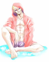 Rule 34 | 1boy, ag wolf, agito013, alternate costume, barefoot, blonde hair, donquixote doflamingo, hood, hoodie, male focus, one piece, open clothes, open shirt, shirt, short hair, shorts, sitting, smile, solo, sunglasses