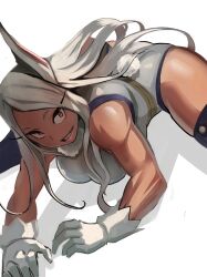 Rule 34 | 1girl, absurdres, animal ears, bent over, boku no hero academia, breasts, clothing cutout, dark-skinned female, dark skin, flexible, gloves, highleg, highleg leotard, highres, large breasts, leotard, long eyelashes, long hair, looking at viewer, looking to the side, meke (77842928), mirko, parted bangs, parted lips, rabbit ears, rabbit girl, rabbit tail, red eyes, shadow, sitting, sleeveless turtleneck leotard, smile, solo, split, spread legs, tail, tail through clothes, taut leotard, thighhighs, toned, white background, white gloves, white hair, white leotard, wide spread legs
