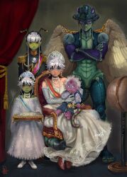Rule 34 | 2boys, 3girls, abs, absurdres, arthropod boy, black hair, blue eyes, chessboard, colored skin, crossed arms, curtains, dress, earrings, elbow gloves, family, feathered wings, fewer digits, french-unicorn, globe, gloves, green skin, grey gloves, highres, hunter x hunter, if they mated, jewelry, komugi (hunter x hunter), long earlobes, long hair, looking at viewer, meruem, multiple boys, multiple girls, navel, necklace, purple eyes, purple skin, red footwear, shoes, short hair, standing, throne, white dress, white footwear, white hair, white wings, wings