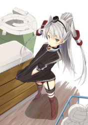 Rule 34 | 10s, 1girl, adapted costume, amatsukaze (kancolle), ball, blush, brown eyes, buruma, from above, garter straps, gym storeroom, hair tubes, highres, iwasaki takashi, jacket, kantai collection, long hair, looking at viewer, looking up, personification, ponytail, red thighhighs, silver hair, solo, striped clothes, striped thighhighs, thighhighs, track jacket, twintails, two side up, vaulting horse, volleyball, volleyball (object)