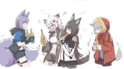 Rule 34 | 4girls, animal ears, arknights, black hair, blush, drinking straw, drinking straw in mouth, fingerless gloves, glass bottle, gloves, grey hair, lappland (arknights), large tail, laughing, long hair, multiple girls, nejikyuu, projekt red (arknights), provence (arknights), purple hair, tail, texas (arknights), white background, white hair, wolf ears, wolf girl, wolf tail