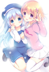 Rule 34 | 2girls, :d, amedamacon, arm up, bad id, bad pixiv id, beret, blue eyes, blue hair, blue hat, blue skirt, blue vest, blush, brown footwear, brown hair, closed mouth, commentary request, flower, gochuumon wa usagi desu ka?, hair between eyes, hair flower, hair ornament, hairclip, hand on another&#039;s shoulder, hands up, hat, head tilt, hoto cocoa, hoto cocoa&#039;s school uniform, kafuu chino, kafuu chino&#039;s school uniform, kneehighs, loafers, long hair, long sleeves, looking at viewer, looking to the side, multiple girls, open mouth, pink shirt, pleated skirt, purple eyes, red ribbon, ribbon, school uniform, serafuku, shirt, shoes, simple background, skirt, smile, socks, standing, standing on one leg, tareme, thighhighs, very long hair, vest, white background, white legwear, white shirt, white skirt, x hair ornament