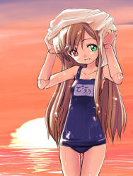 Rule 34 | 00s, 1girl, desu, doll joints, heterochromia, joints, long hair, name tag, one-piece swimsuit, rozen maiden, school swimsuit, solo, suiseiseki, swimsuit, very long hair, wet