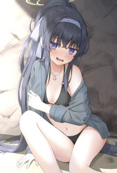 Rule 34 | 1girl, absurdres, bags under eyes, bikini, black bikini, black hair, blue archive, blush, breasts, commentary, cpk prd, crossed bangs, feet out of frame, grey jacket, hair between eyes, hair ribbon, hairband, halo, highres, jacket, jewelry, long hair, looking at viewer, medium breasts, navel, o-ring, o-ring bikini, off shoulder, official alternate costume, open mouth, pendant, ponytail, purple eyes, purple hairband, purple ribbon, ribbon, single bare shoulder, sitting, solo, swimsuit, ui (blue archive), ui (swimsuit) (blue archive), very long hair, wavy mouth, yellow halo