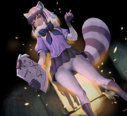 Rule 34 | 1girl, :/, animal ears, arai-san mansion, backlighting, binder clip, blue bow, bow, claw pose, commentary request, common raccoon (kemono friends), dark, english text, from below, fur collar, hallway, highres, holding, holding paper, indoors, kemono friends, looking to the side, medium hair, mouse (animal), notes, pantyhose, paper, pleated skirt, puffy short sleeves, puffy sleeves, purple skirt, raccoon ears, raccoon tail, short sleeves, silhouette, skirt, soma (whitenight1), striped tail, tail, white pantyhose, yellow eyes