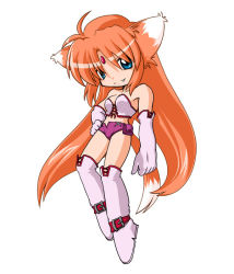 Rule 34 | 00s, 1girl, ahoge, arf, armor, armored boots, blue eyes, blush, boots, clenched hand, collarbone, floating, gauntlets, hand on own hip, kei (fortune), looking at viewer, lyrical nanoha, mahou shoujo lyrical nanoha, orange hair, revealing clothes, short shorts, shorts, smile, solo, strapless, thigh boots, thighhighs, tube top